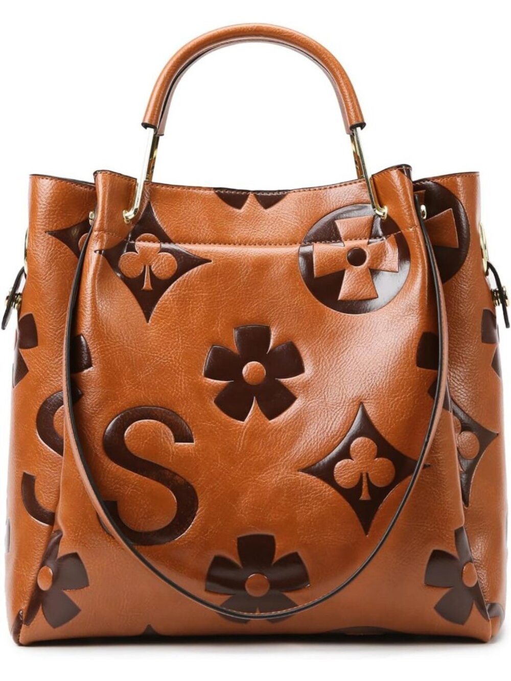Floral Embossed Vegan Leather Handbag Set - Large Shoulder & Bucket Tote for
